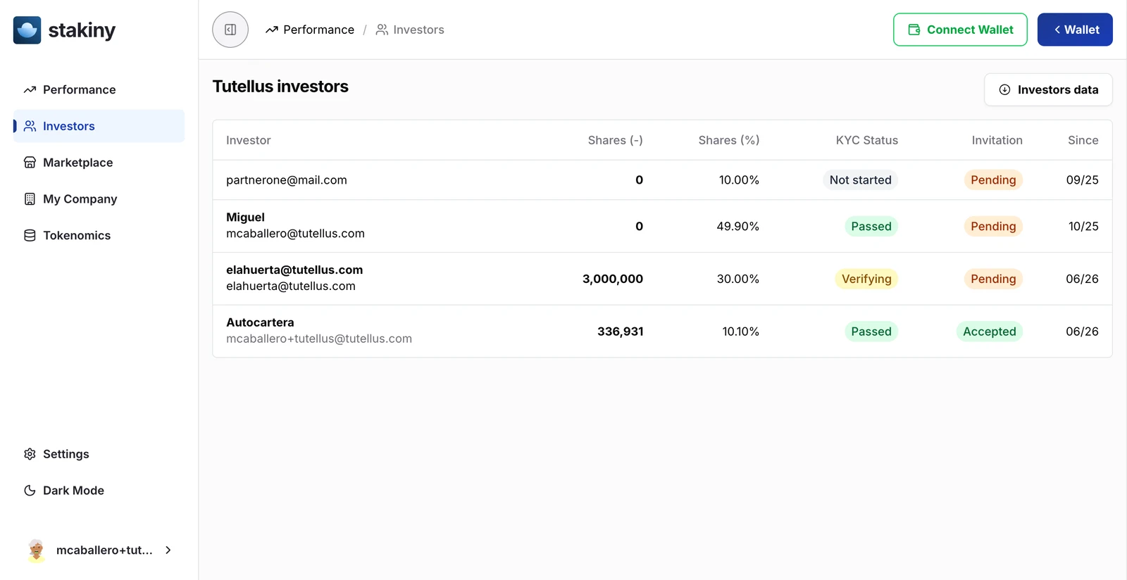 Stakiny app — Manage the cap table