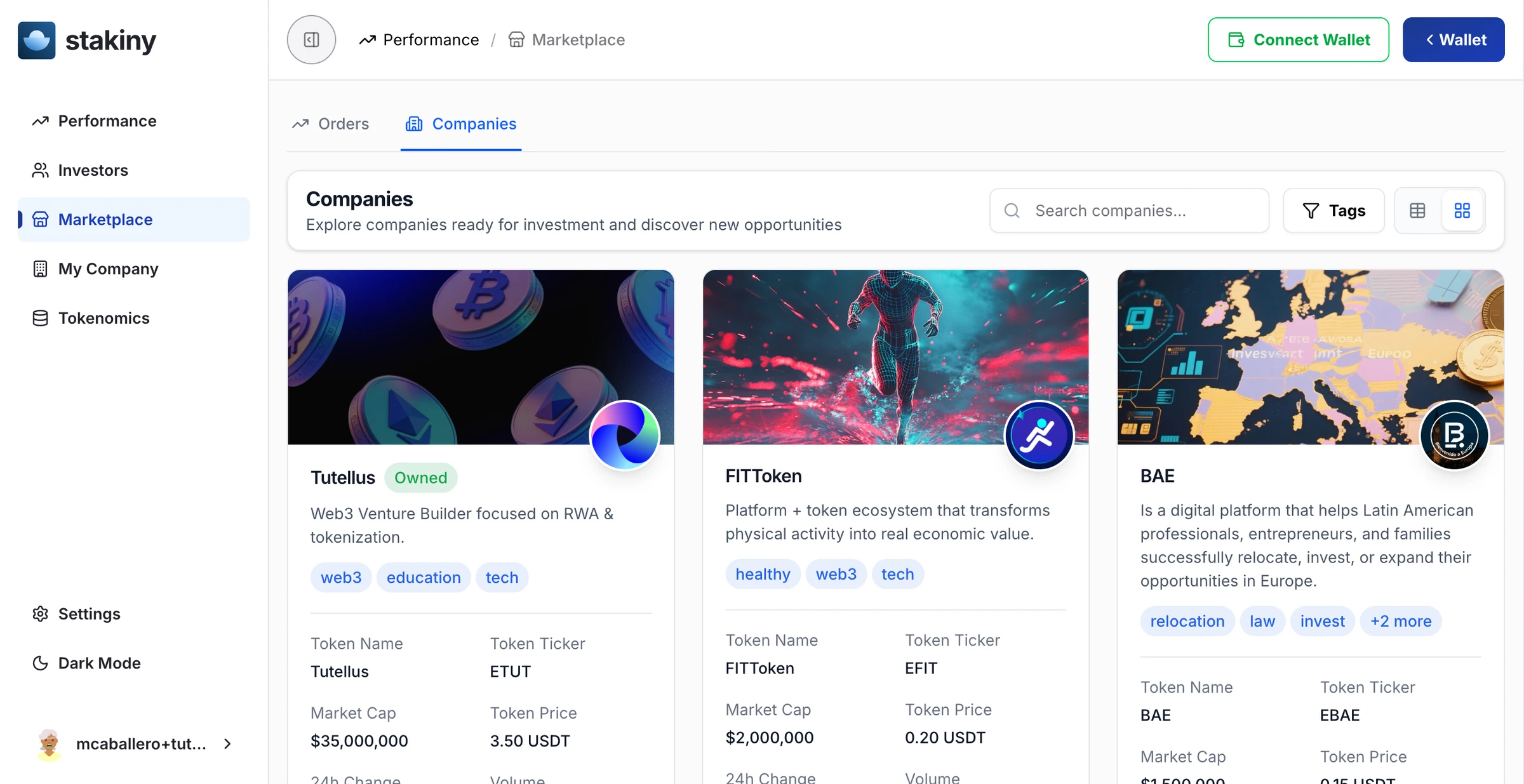 Stakiny marketplace — private companies open for investment, each with token name, market cap and price