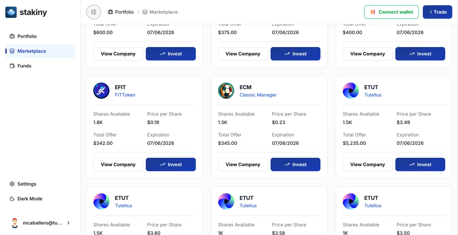 Stakiny marketplace listing tokenized company share offers