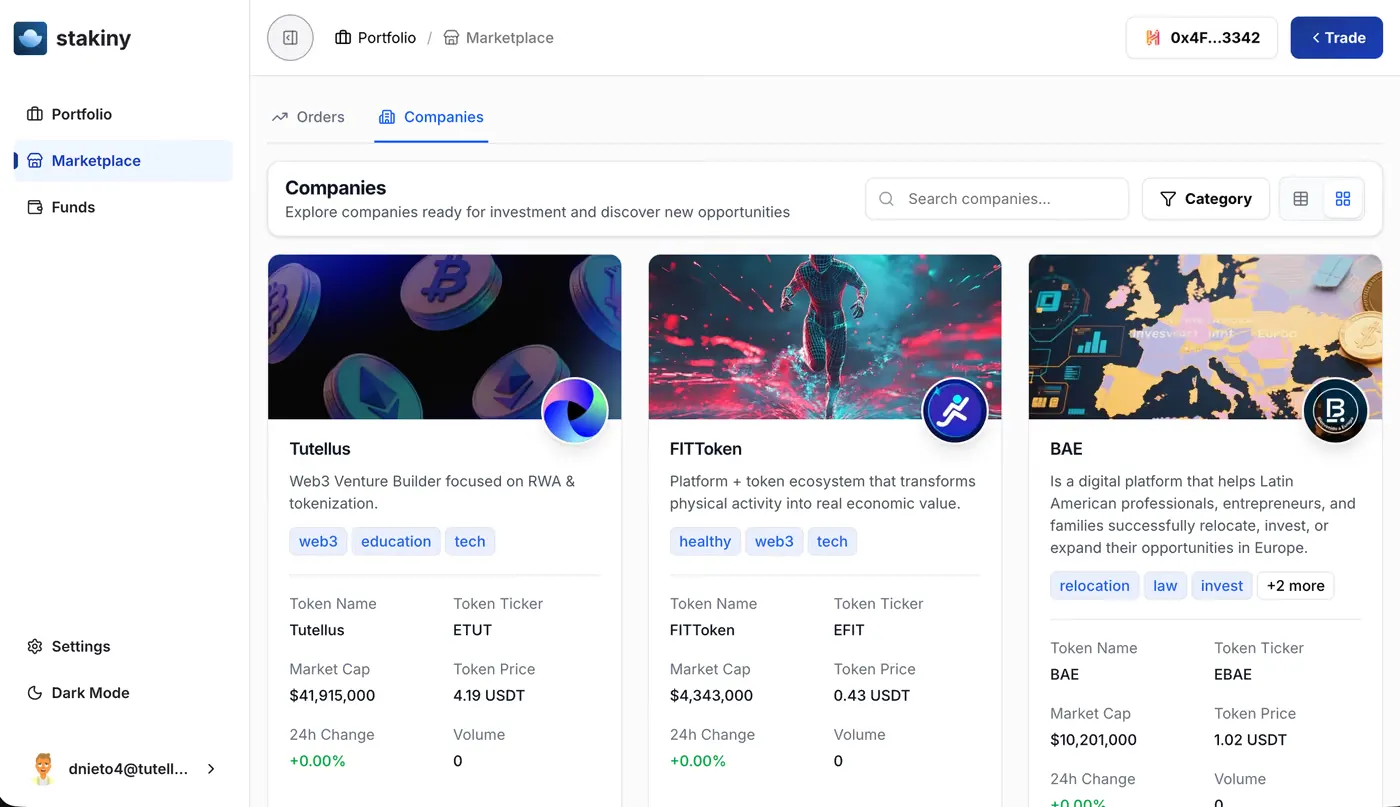Stakiny marketplace showing tokenized private companies available to invest in