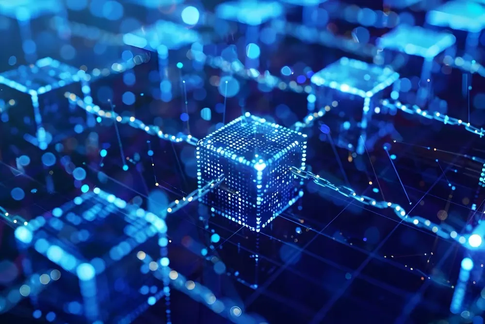 Glowing blue blockchain network of linked data blocks