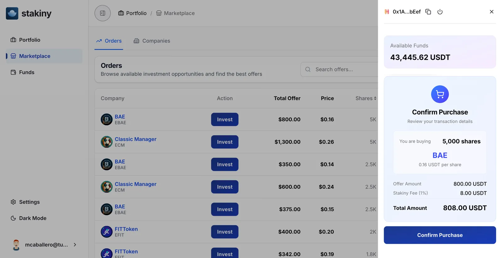 Stakiny marketplace order book with a Confirm Purchase panel buying tokenized shares, settled in USDT
