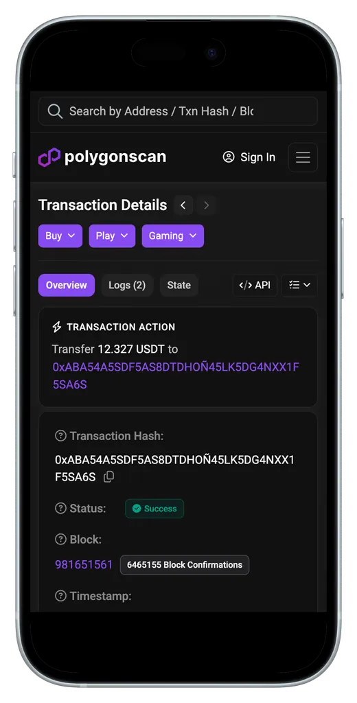 Polygonscan transaction details showing a successful USDT transfer between the two users