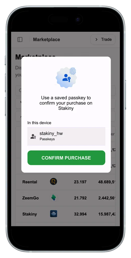 Stakiny mobile app prompting the investor to confirm the purchase with a saved passkey