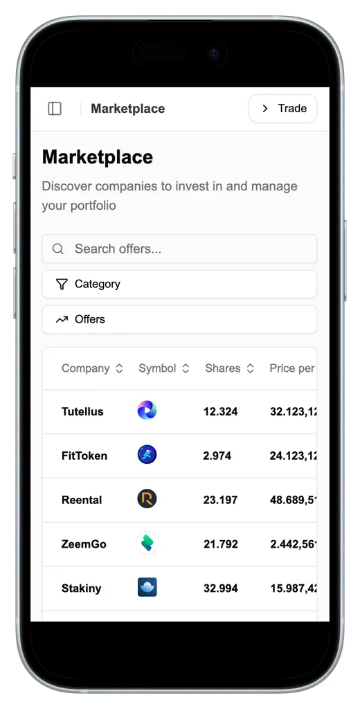 Stakiny mobile app showing the Marketplace with a list of companies and their sell offers
